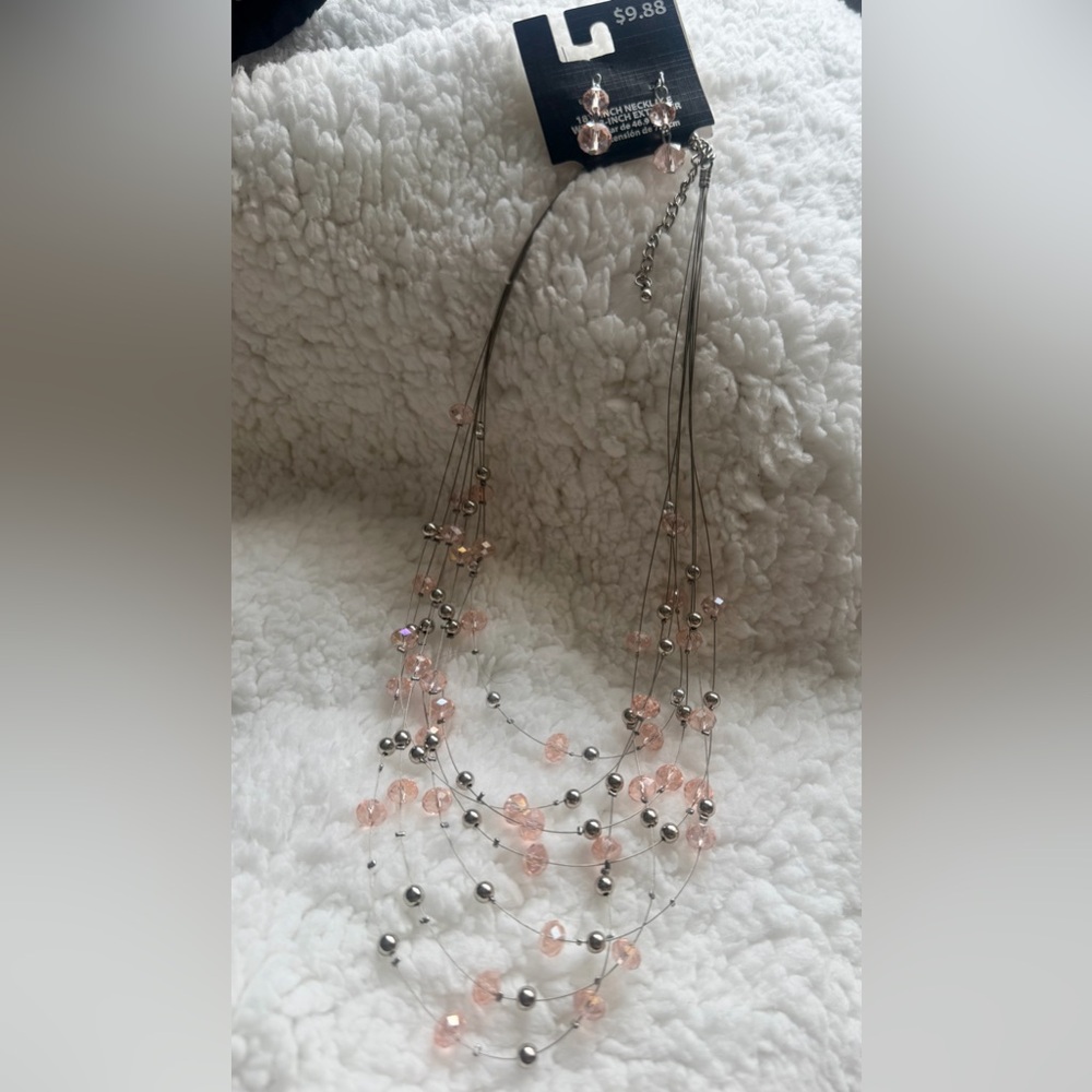 Delicate Pink Multi-Strand Beaded Necklace and Earrings Set- Women Jewelry💕4x15$